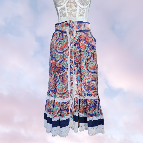 Vtg Handmade Ruffle Paisley Colorful Frill Whimsi Pocket Lace Button Up Skirt - Picture 1 of 8